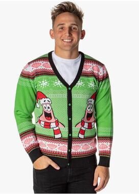 Spongebob Squarepants Men Santa Patrick Ugly Sweater Button Knit Cardigan Medium